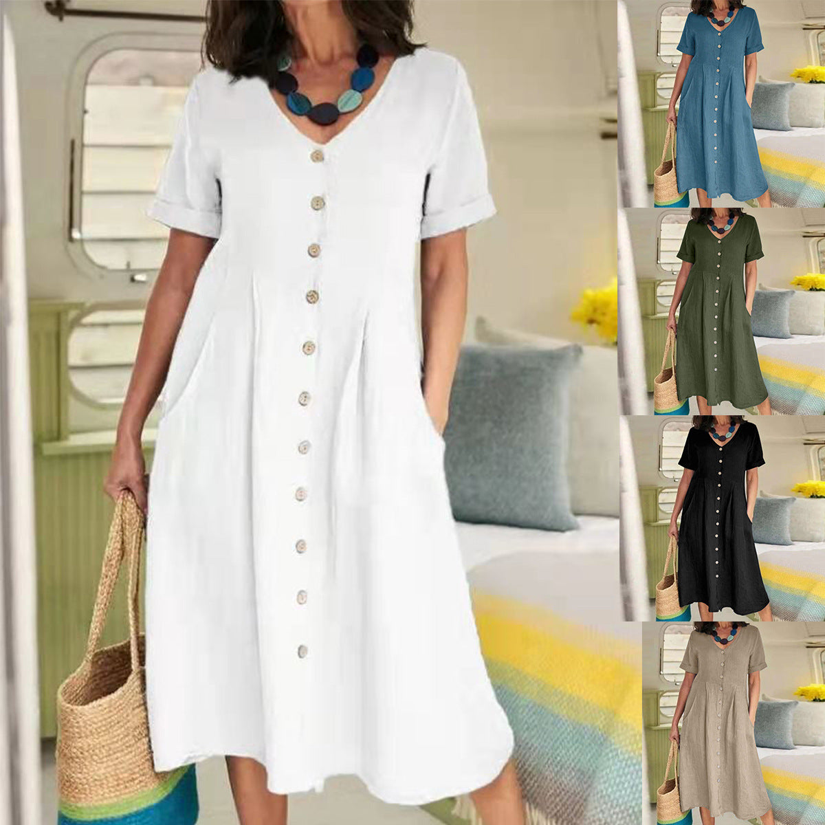 Spring and Summer Solid Color High Waist Cotton Linen Short Sleeve Midi Dress