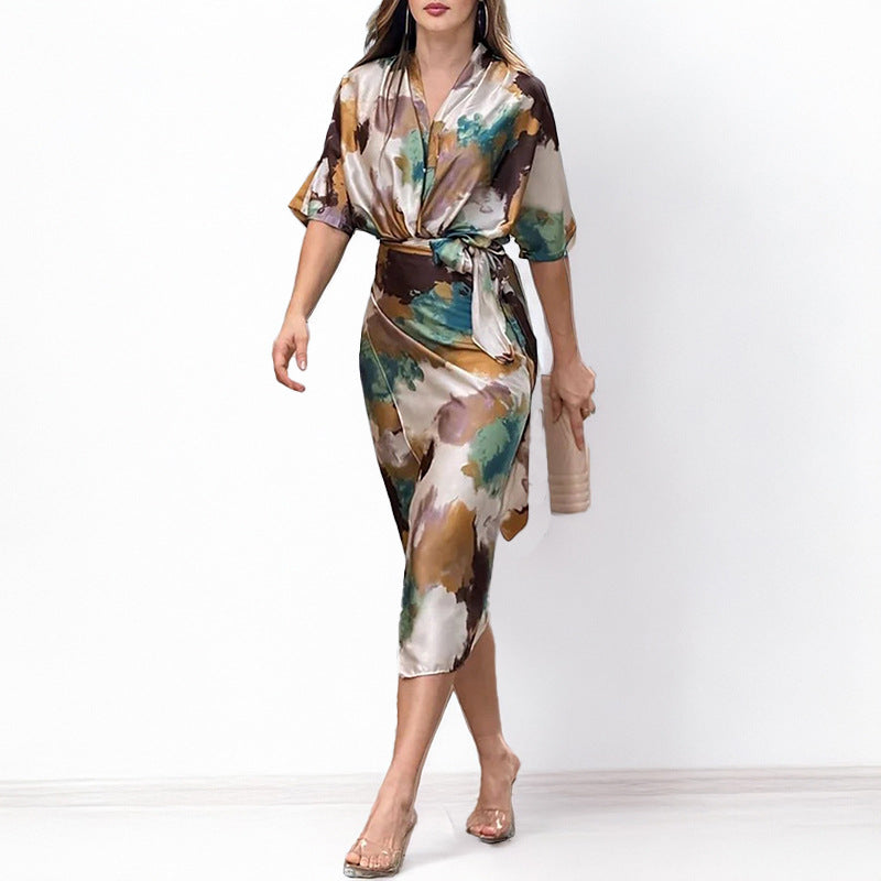 Women's Casual Elegant Printed V-Neck Short Sleeve Lace-Up Slim-Fit Dress