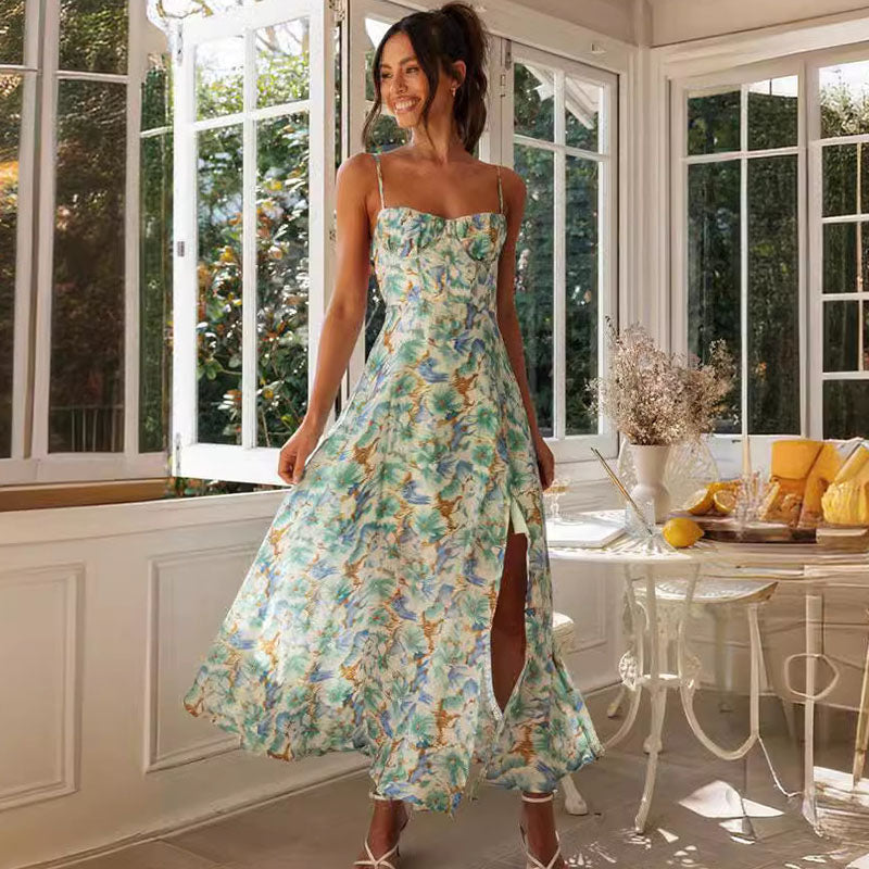 Women's Spaghetti Strap Summer Backless Sexy Vacation Floral Sling Maxi Dress