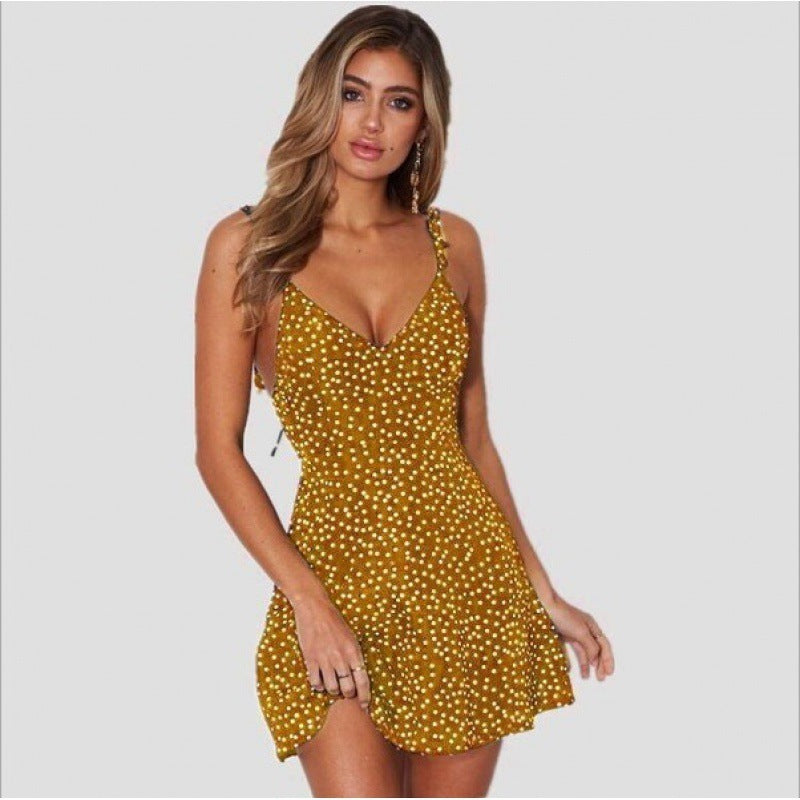 Women's Sexy Vacation Polka Dot Print Spaghetti Strap Backless Dress