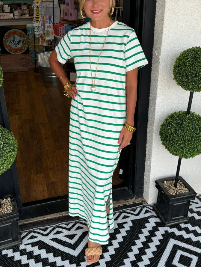 Women's Casual Side Pocket Stripe Round Neck Side-Slit Short Sleeve Maxi Dress