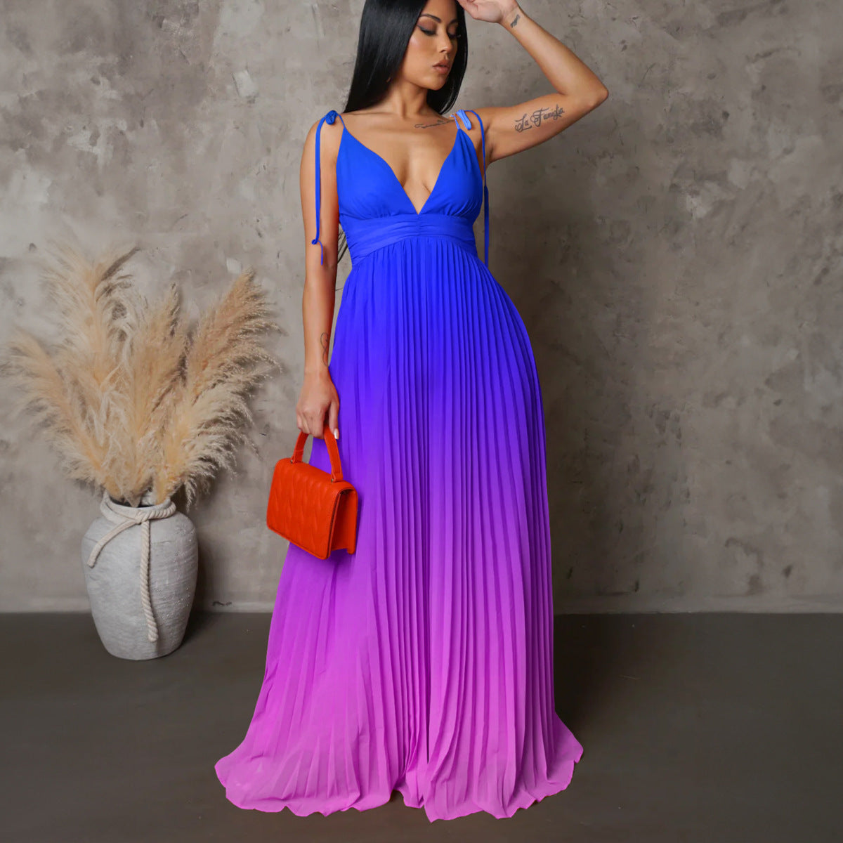 Women's Summer Sexy Deep V Backless Strap Gradient Maxi Dress