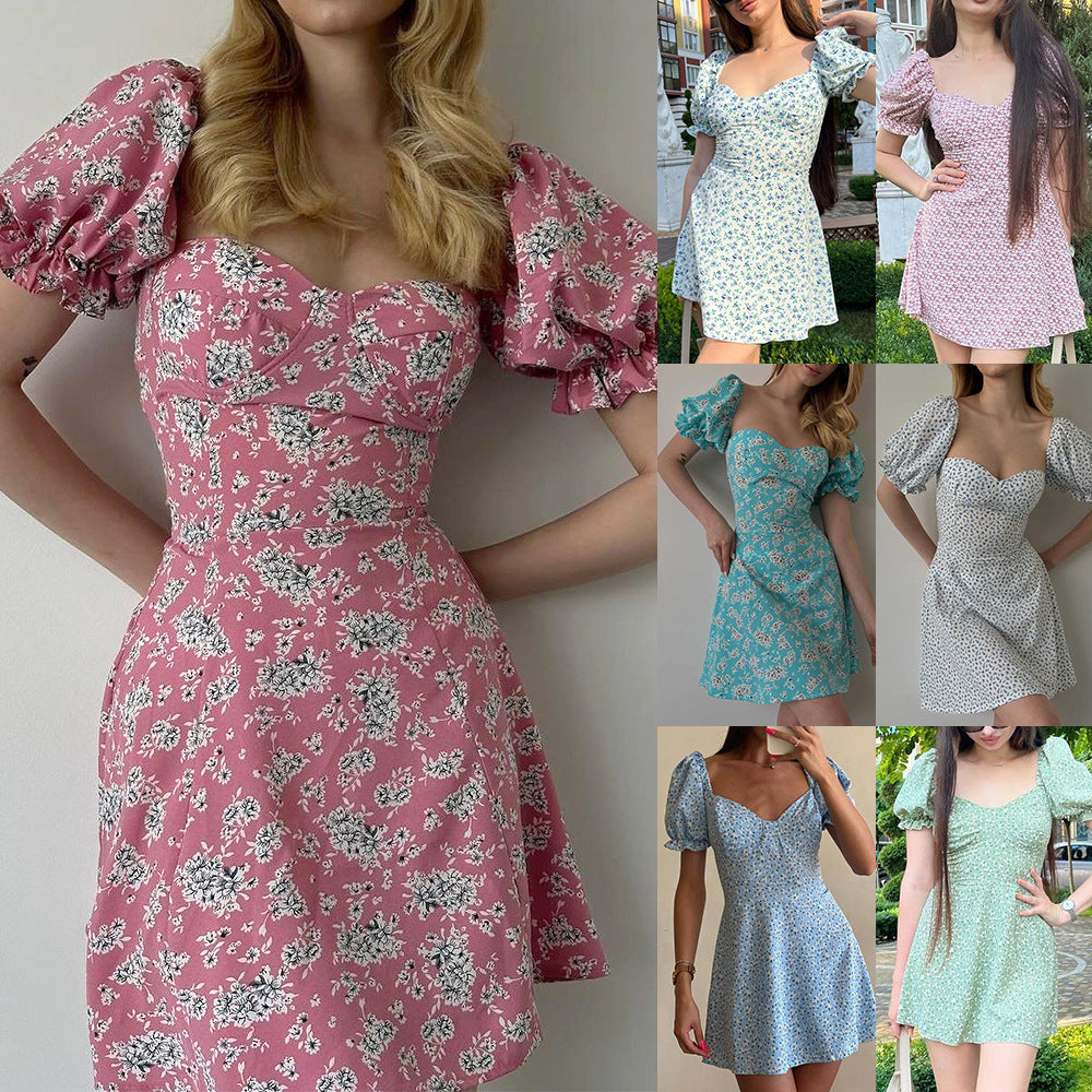 Women's Summer Casual Tiny Flower Print Backless Strap Short Sleeve Midi Dress