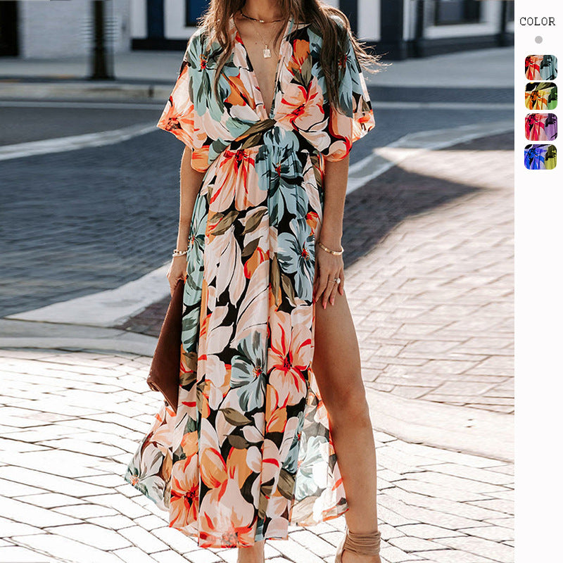 Women's Summer Vacation Boho V-Neck Floral Print Side Slit Batwing Sleeve Dress