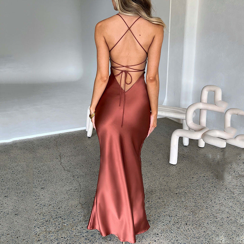 Women's Sexy Backless Spaghetti Strap Bandage Solid Satin Maxi Dress