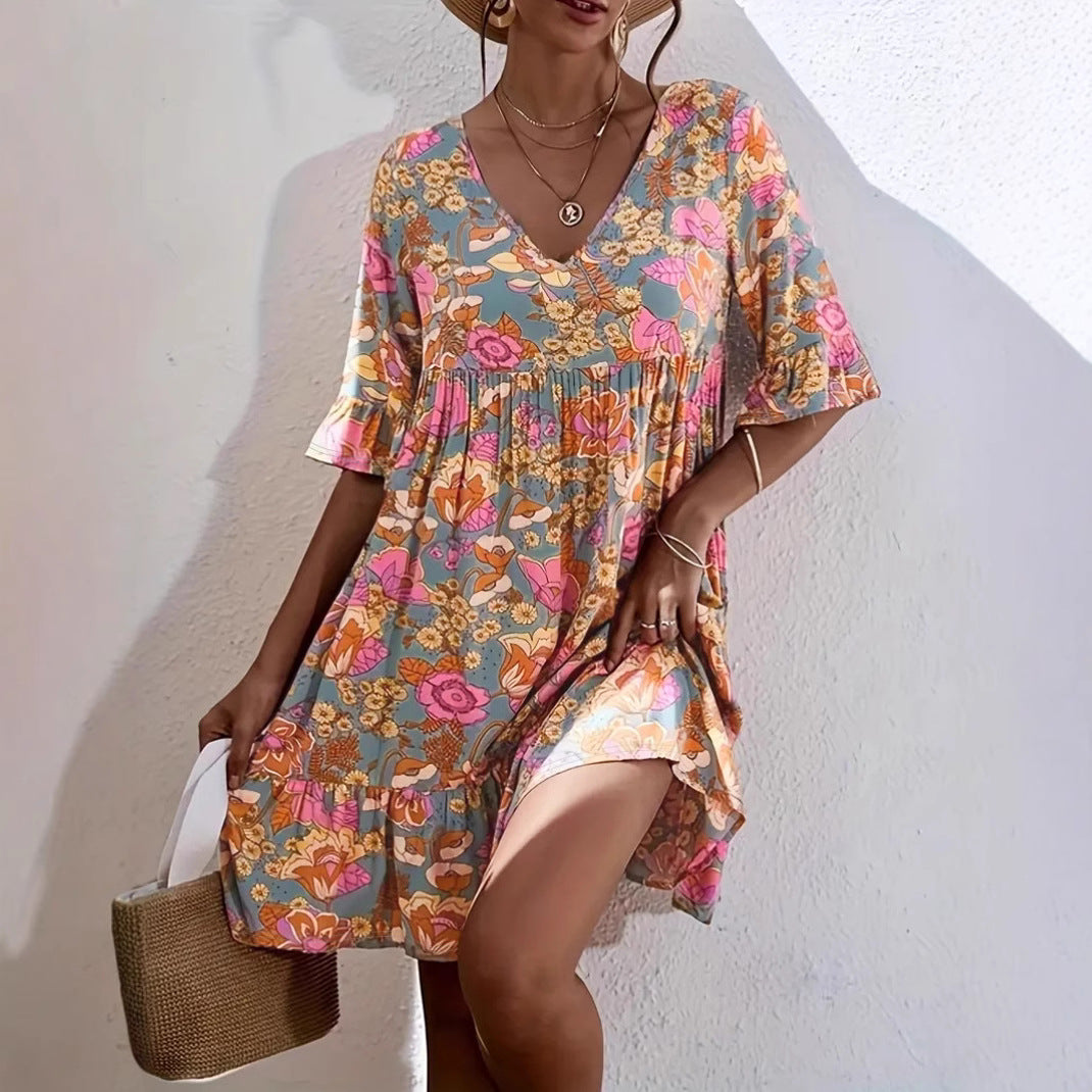 Women's Summer Casual V-Neck Floral Print Bohemian Dress
