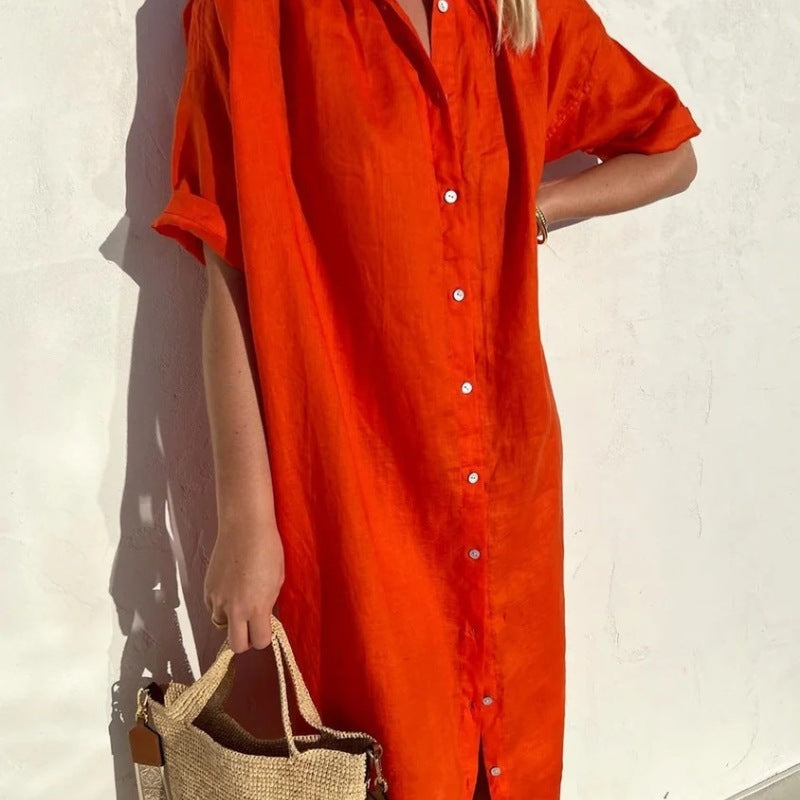 Women's Elegant Short Sleeve Button Cotton Linen Long Pocket Maxi Shirt Dress