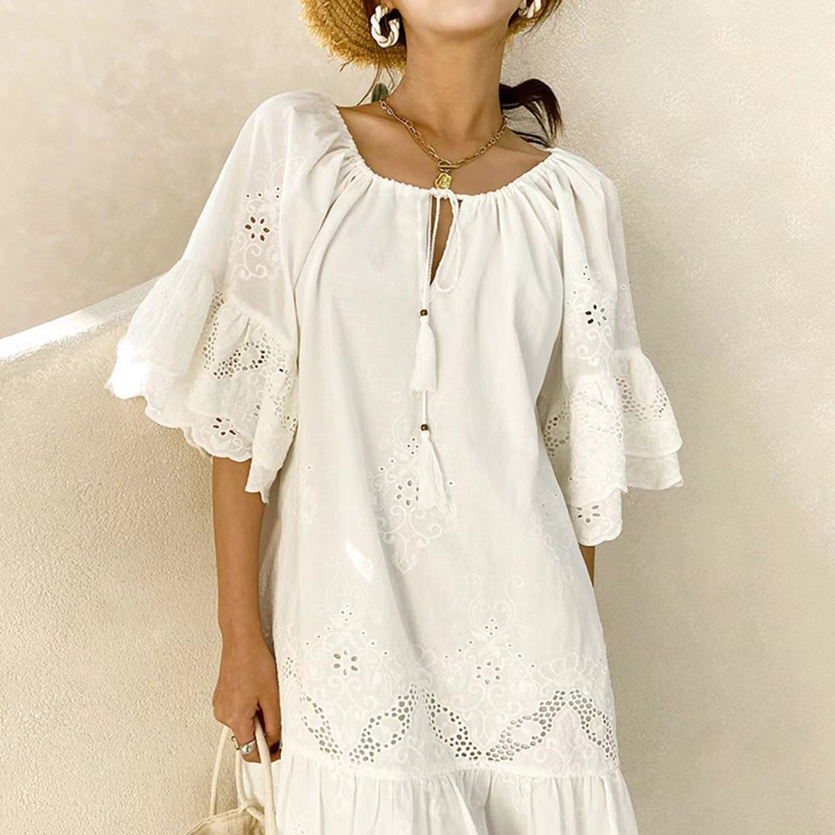Women's Casual Solid Color Hollow Cotton Loose Princess Dress