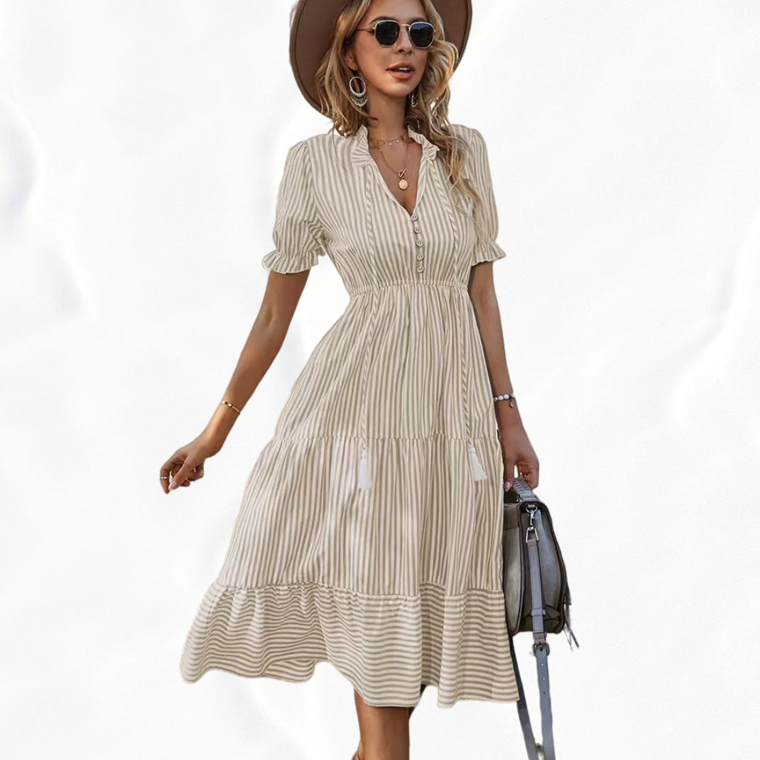 Women's Casual Stripe V-Neck Lantern Sleeve Elastic Waist Midi Dress