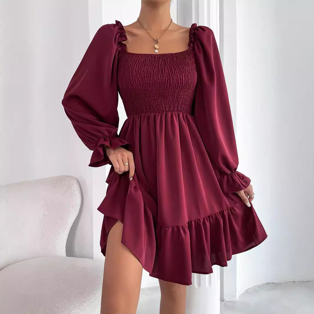 Women's Casual Solid Color Square Collar Long Sleeve Ruffled Dress