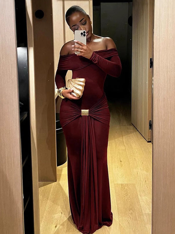 Women's Elegant Off-Shoulder Solid Color Long Sleeve Bodycon Maxi Dress