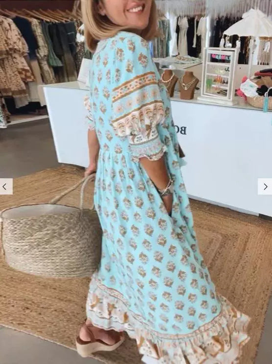 Women's Casual Summer Printed V-Neck Lantern Sleeve High Waist Large Swing Dress