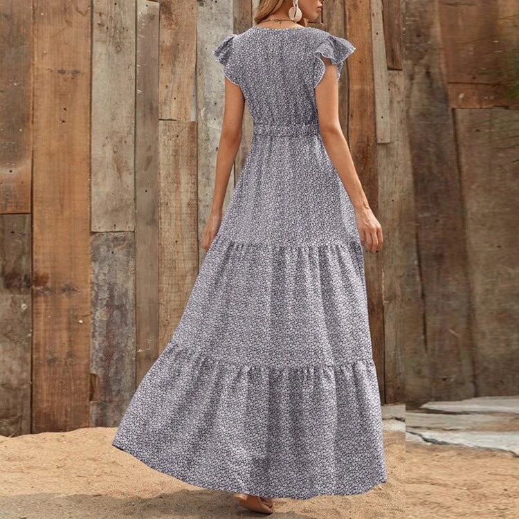 Women's Casual Boho Vacation Printed V-Neck Short Sleeve Loose Dress