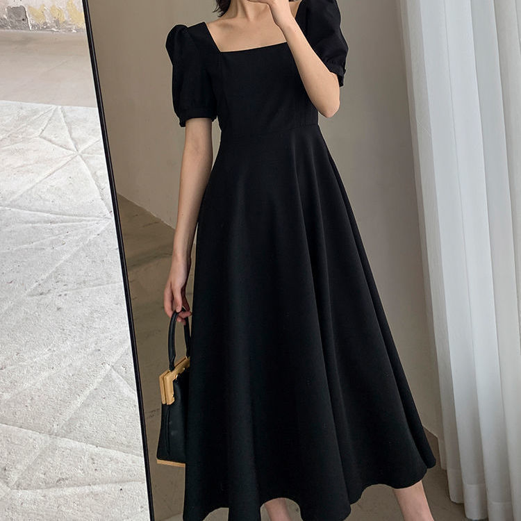 Women's Elegant Black Square Neck Short Sleeve Swing Midi Dress