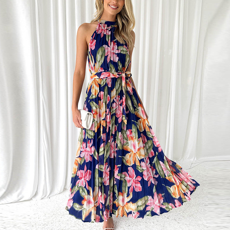 Women's Sleeveless Printed Pleated Halter Neck Maxi Dress