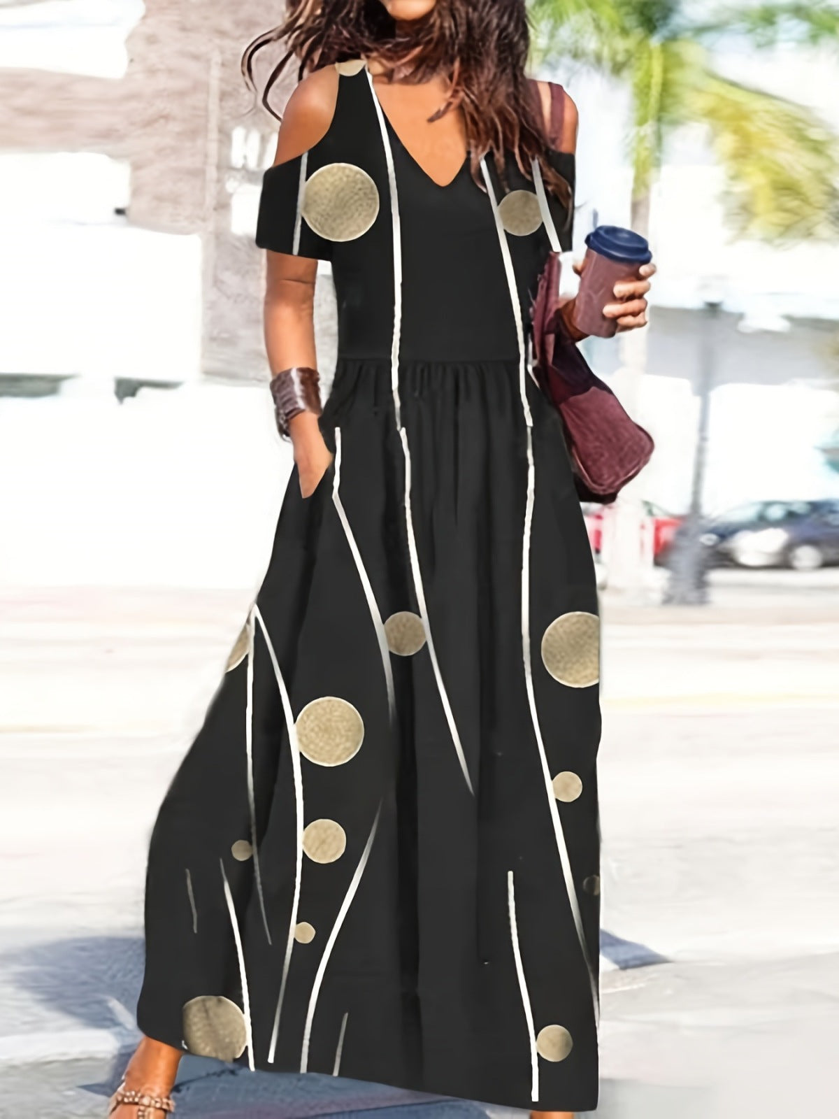 Women's Casual Polka Dot Floral Printed Short Sleeve Maxi Dress