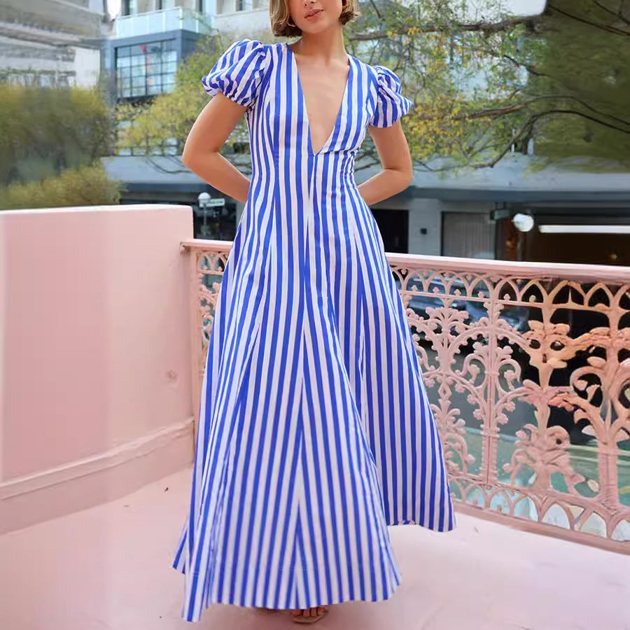 Women's Vintage V-Neck Stripe Puff Sleeve Swing Casual Maxi Dress
