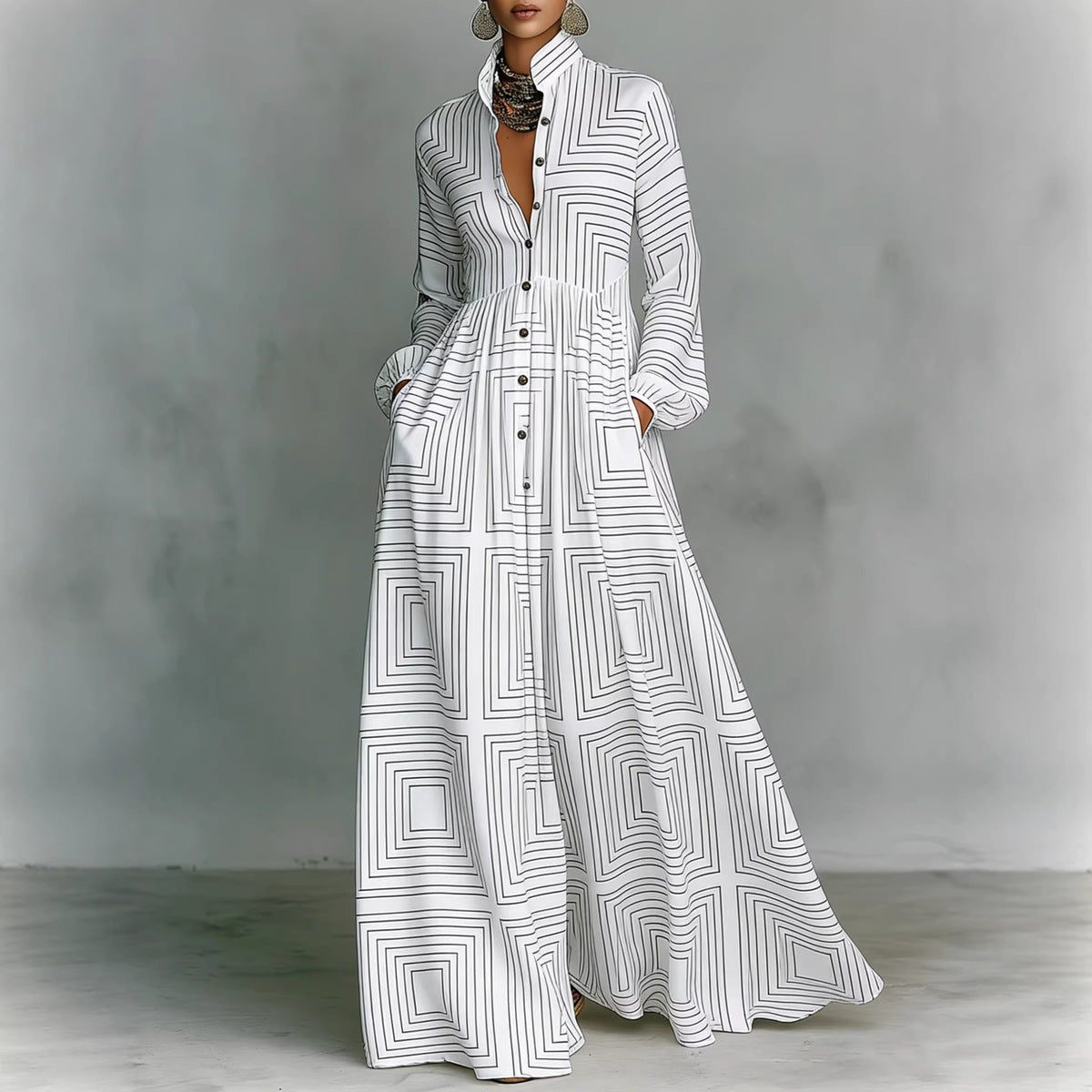 Women's Vacation Casual Elegant Printed Long Sleeve Single-Breasted Maxi Dress