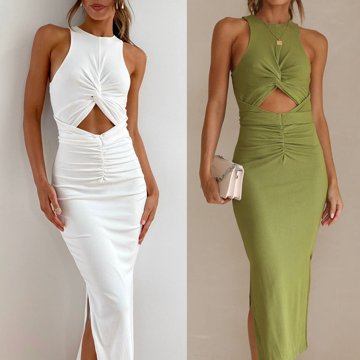 Spring Summer Slim Fit Women Split Solid Color Sleeveless Leisure Midi Dress