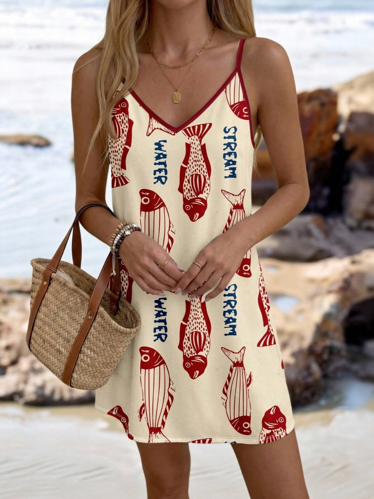Women's Summer Vacation Casual Print Strap V-Neck Beach Mini Dress