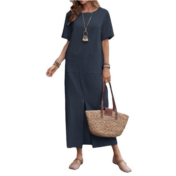 Women's Casual Summer Solid Color Cotton Linen Round Neck Short Sleeve Dress