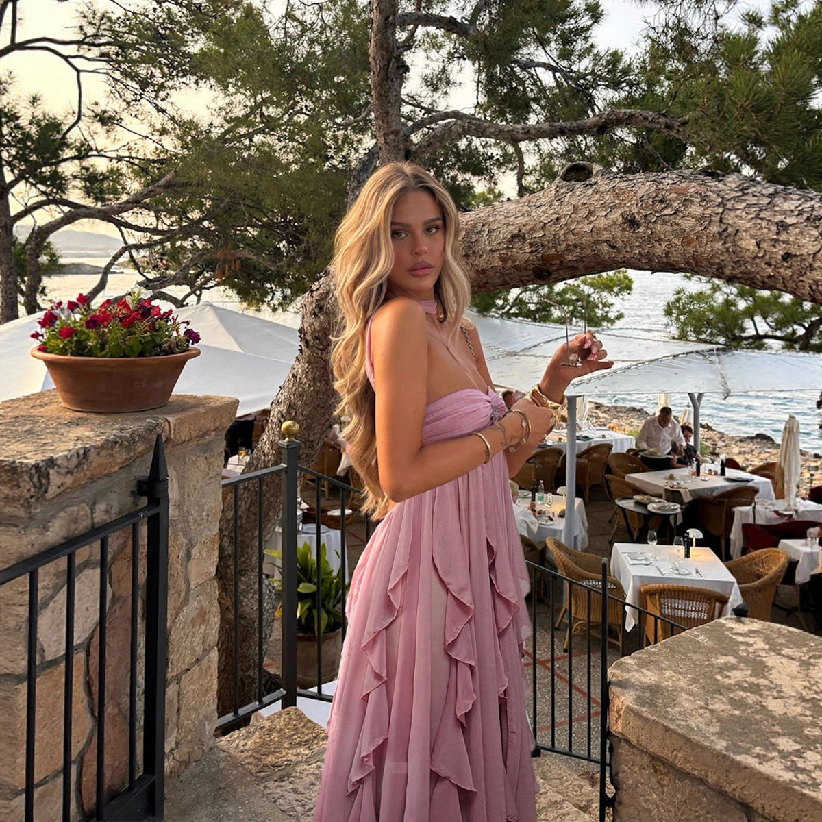 Women's Sexy Elegant Solid Color Spaghetti Strap Backless Ruffled Dress