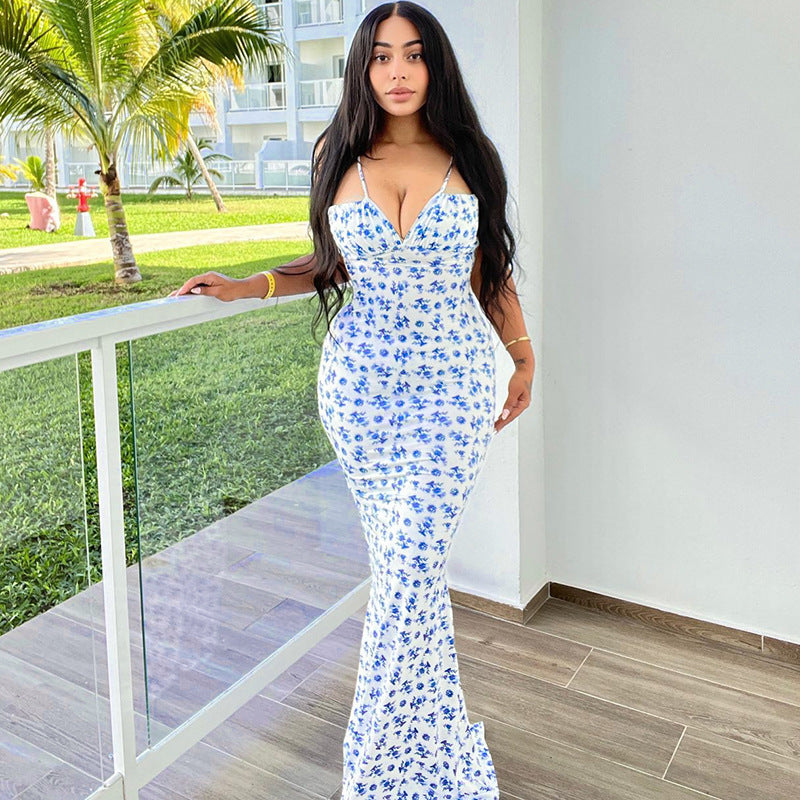 Women's Floral Print Spaghetti Strap Slim Sexy Maxi Vacation Dress