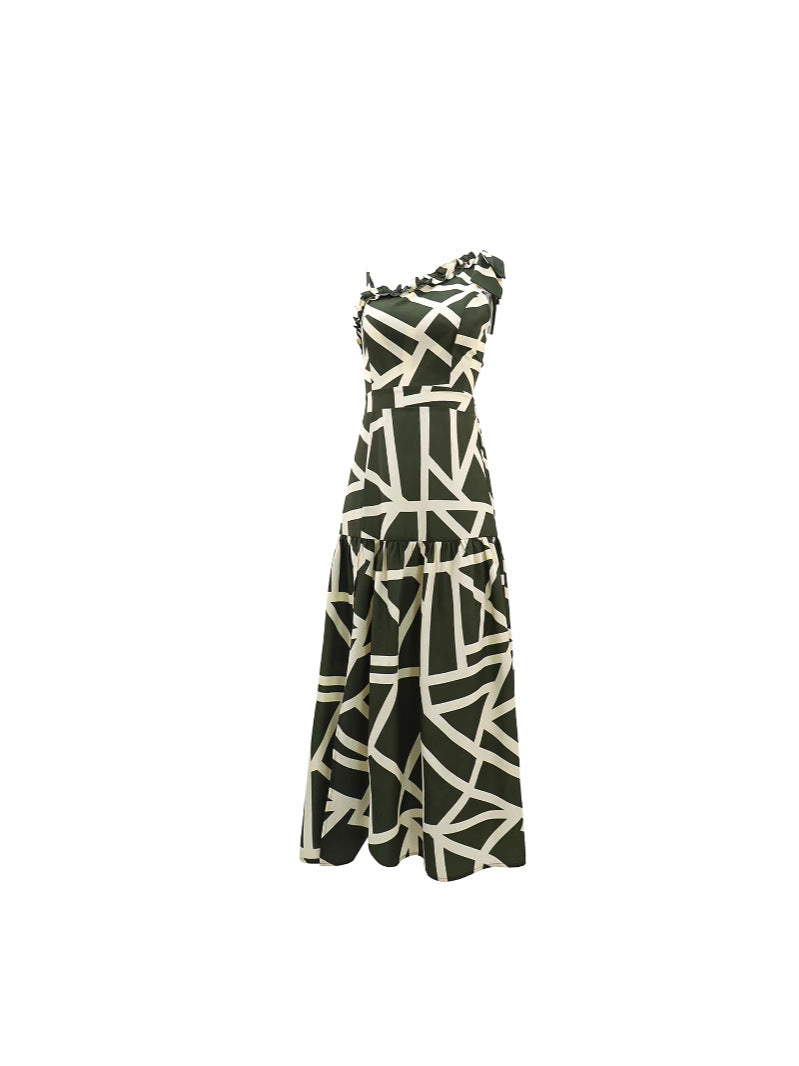 Women's Casual Summer Printed One-Shoulder Sleeveless Dress