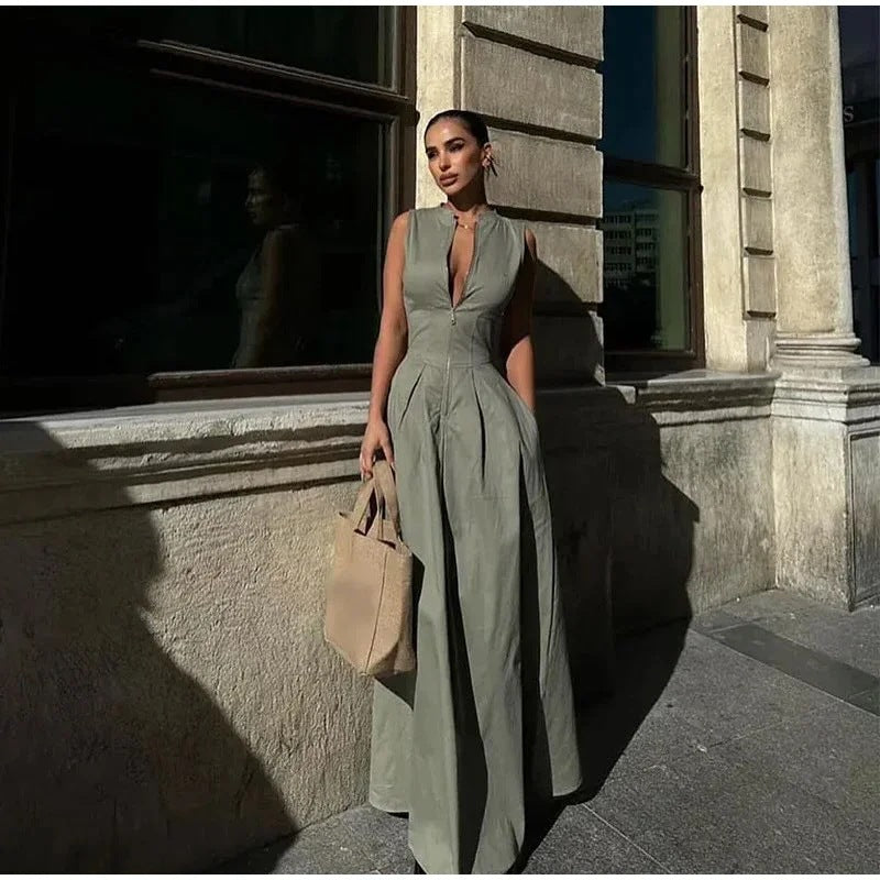 Women's High Waist Sleeveless Zipper Maxi Dress-Style