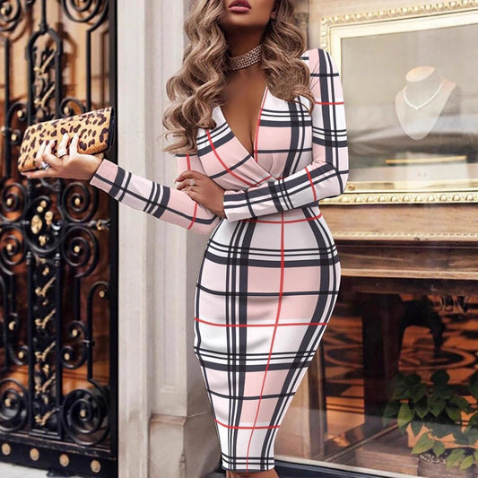 Women's Sexy Printed V-Neck Long Sleeve Slim Fit Midi Dress