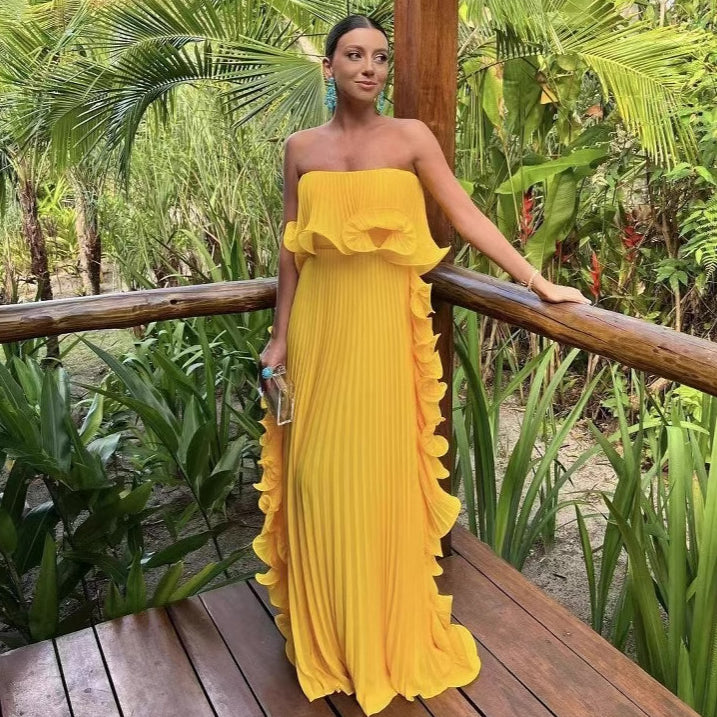 Women's Holiday Solid Color Tube Top Pleated Maxi Dress