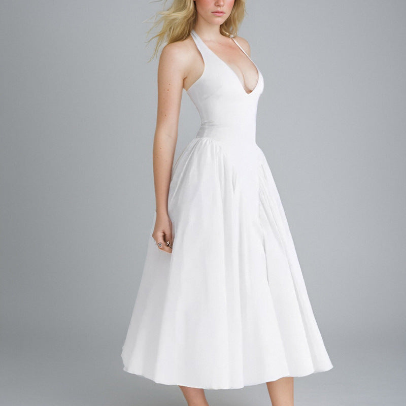 Women's Sexy Solid Color V-Neck Halter Neck Lace-Up High Waist Midi Dress