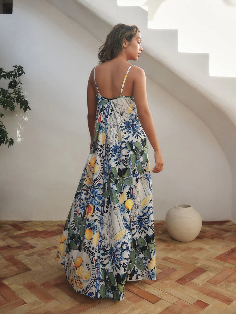 Women's Casual Vacation Printed V-Neck Spaghetti Strap Large Swing Dress