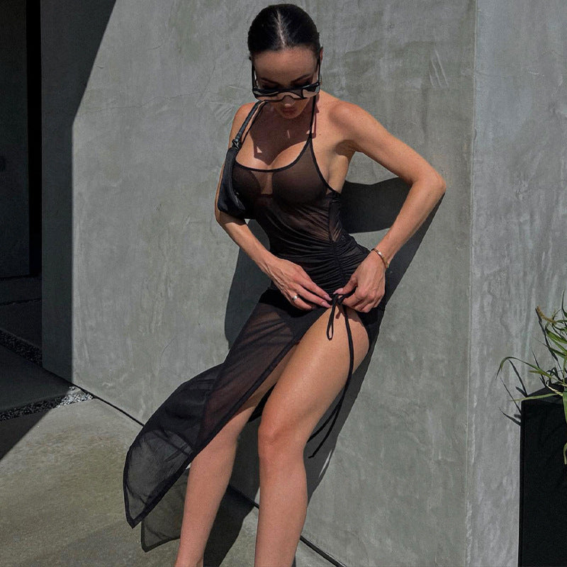 Women's Summer Sexy Mesh See-Through Split Drawstring Maxi Dress