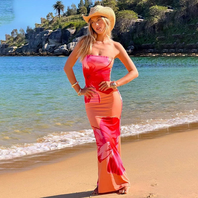 Women's Sexy Hanging Print Tube Top Bodycon Maxi Dress