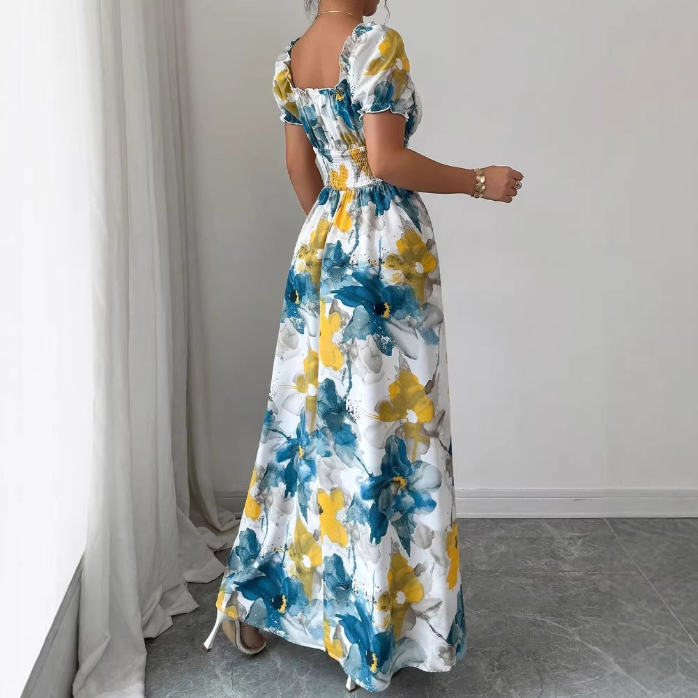 Women's Casual Summer Floral Print V-Neck Bubble Sleeve A-Line Dress