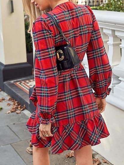 Women's Casual Plaid Printed V-Neck Bubble Sleeve Lace-Up Ruffled Dress