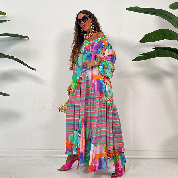 Oversized V-Neck Color Blocking Graphic Printed Women Pleated Maxi Dress