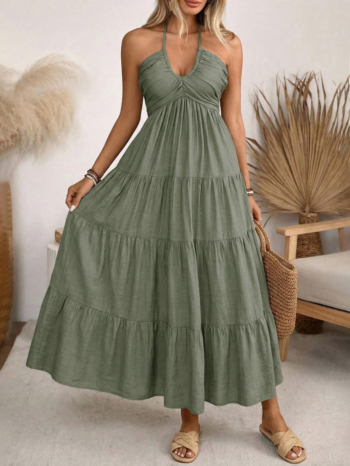 Women's Sexy Summer Boho Vacation Solid Color Halter-Neck Backless Loose Dress