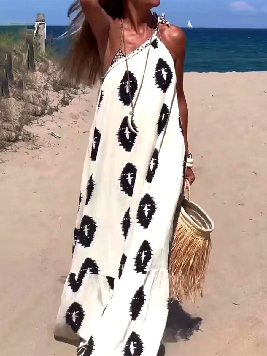 Women's Bohemian Digital Print Slant Shoulder Lace Maxi Dress