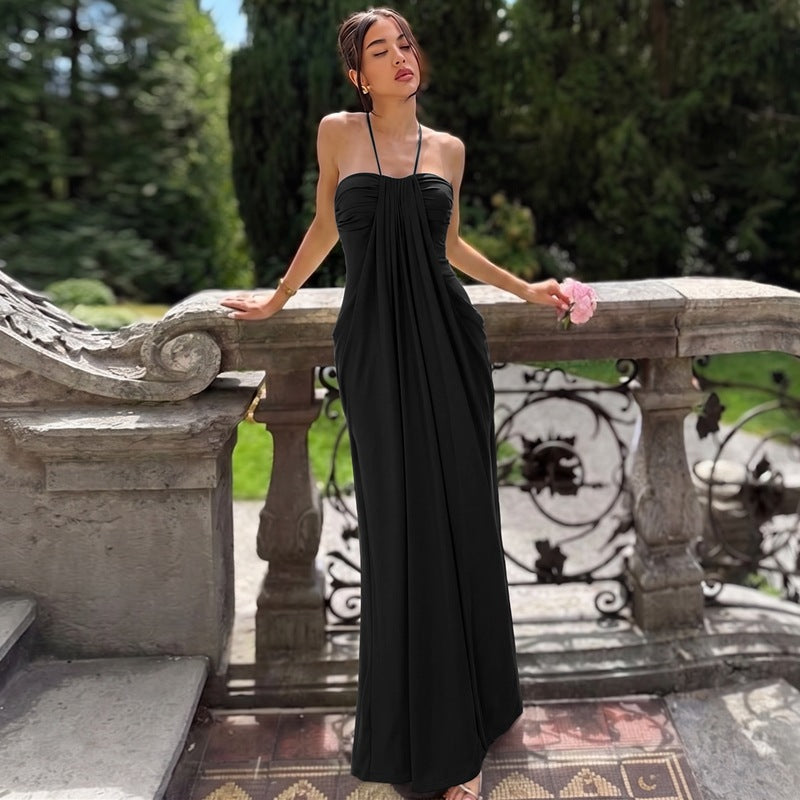 Women's Sexy Summer Solid Color Halter-Neck Lace-Up Backless Dress