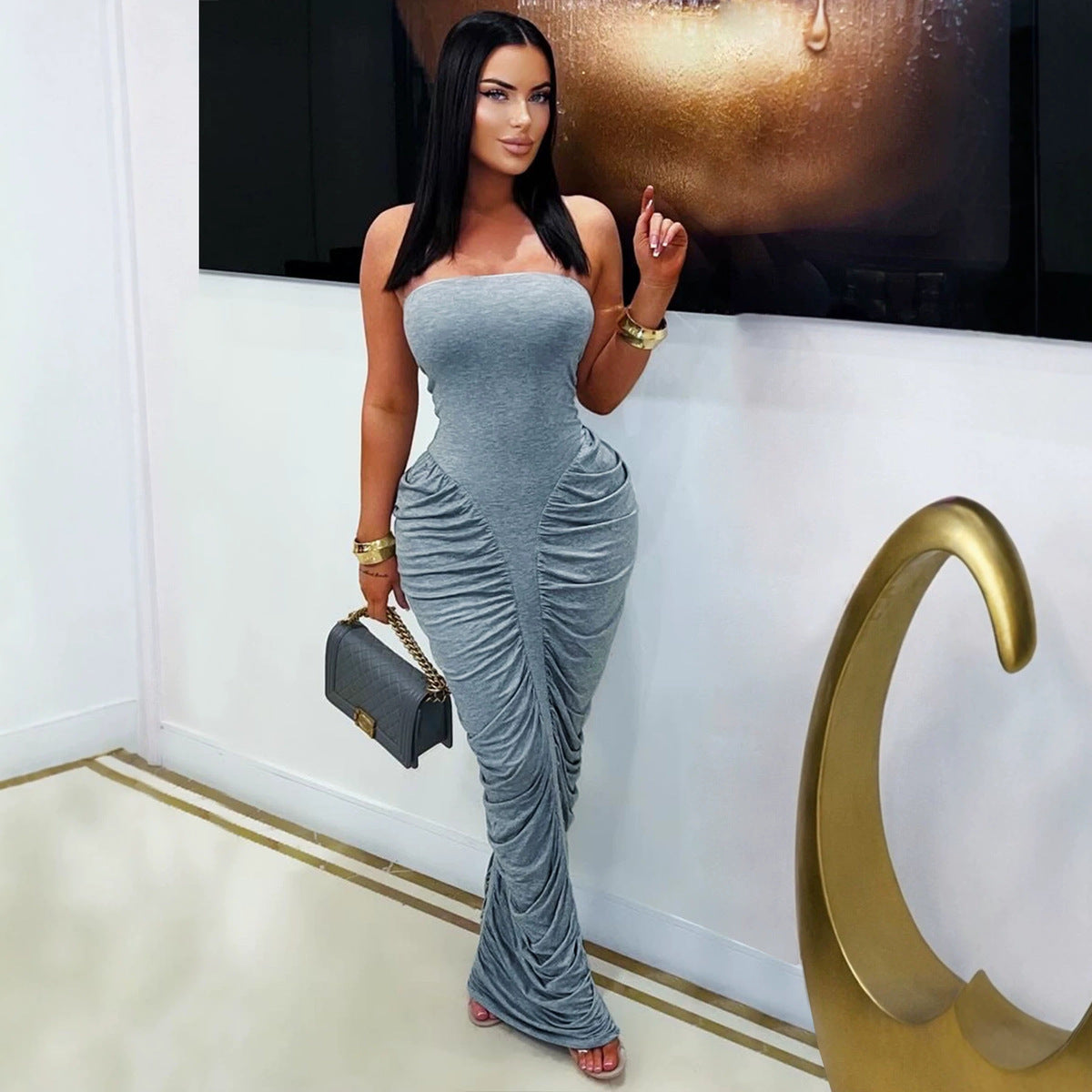 Women's Sexy Solid Color Pleated Tube Top Slim Fit Dress