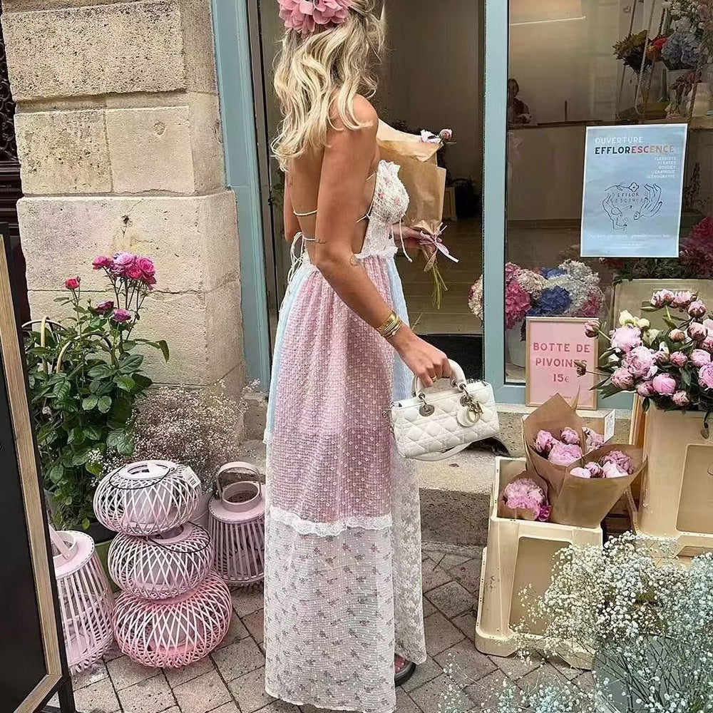 Women's Boho Style Tiny Flower Lace Halter Neck Maxi Dress