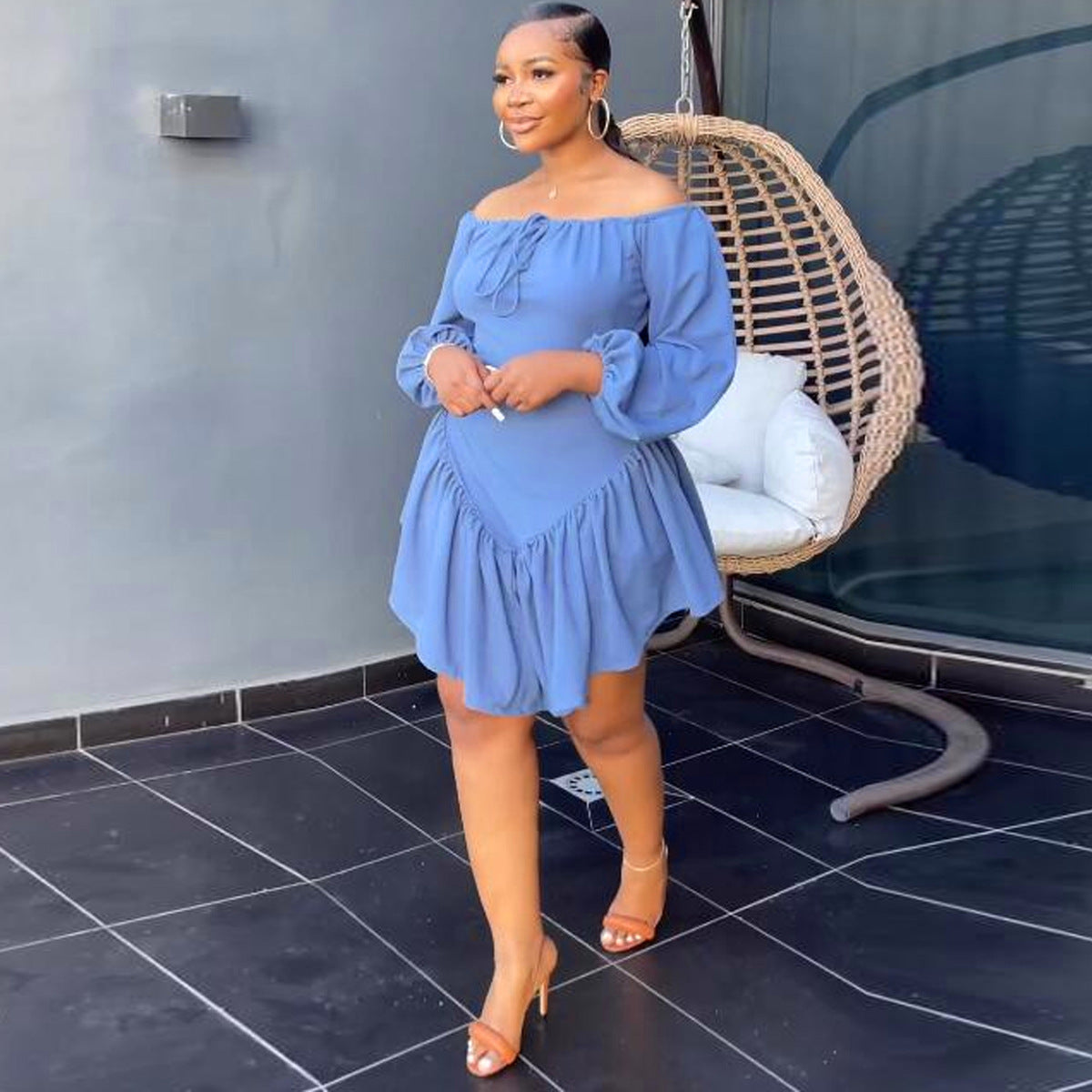 Women's Solid Color Lantern Sleeve Dress