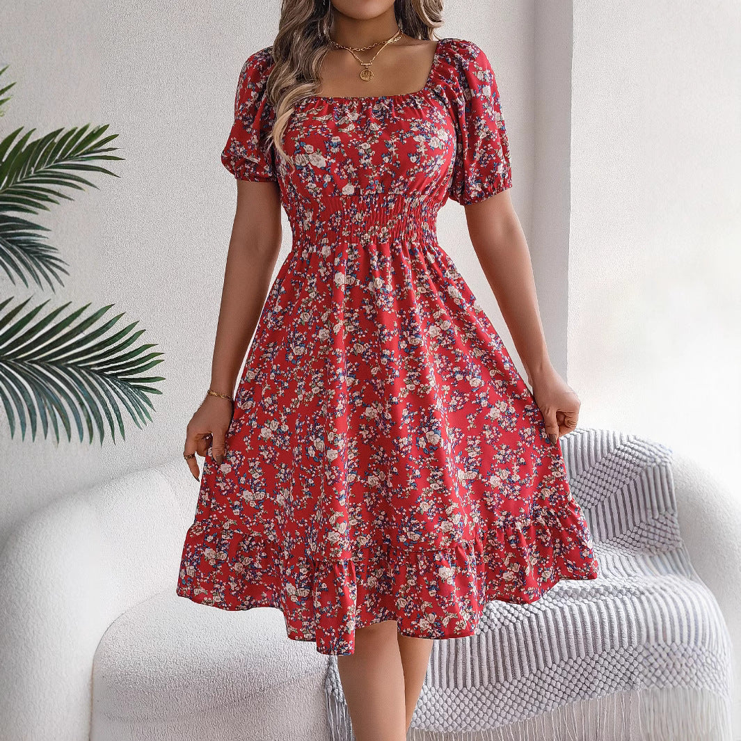 Women's Sexy Square Collar Short Sleeve High Waist A-Line Floral Dress