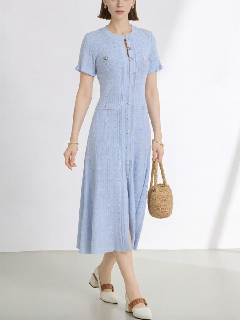 Women's Elegant Solid Color Short Sleeve Buttons Slim-Fit Knitted Dress