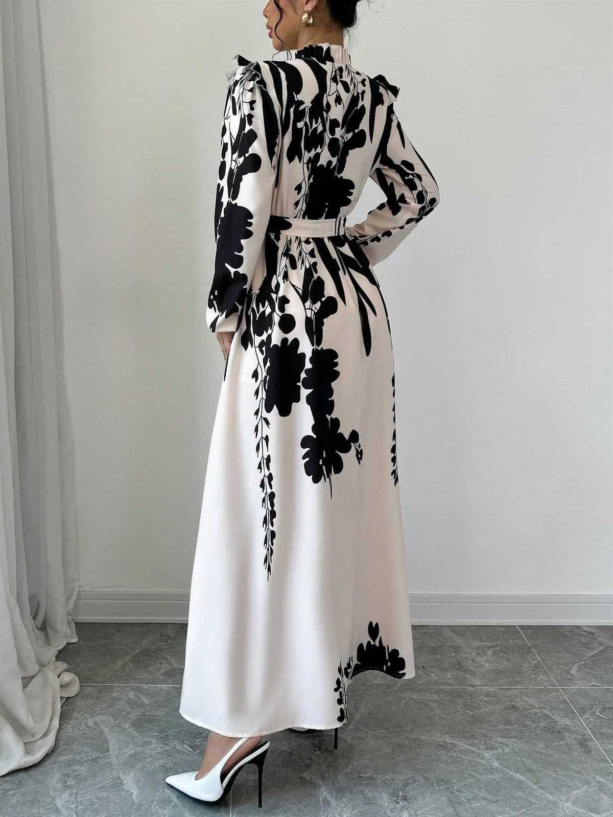 Women's Elegant Floral Printed Long Sleeve Lace-Up Front Buckle Dress