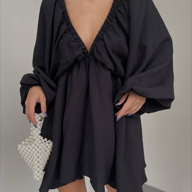 Women's Casual Solid Color V-Neck Long Sleeve Puff Sleeve Dress