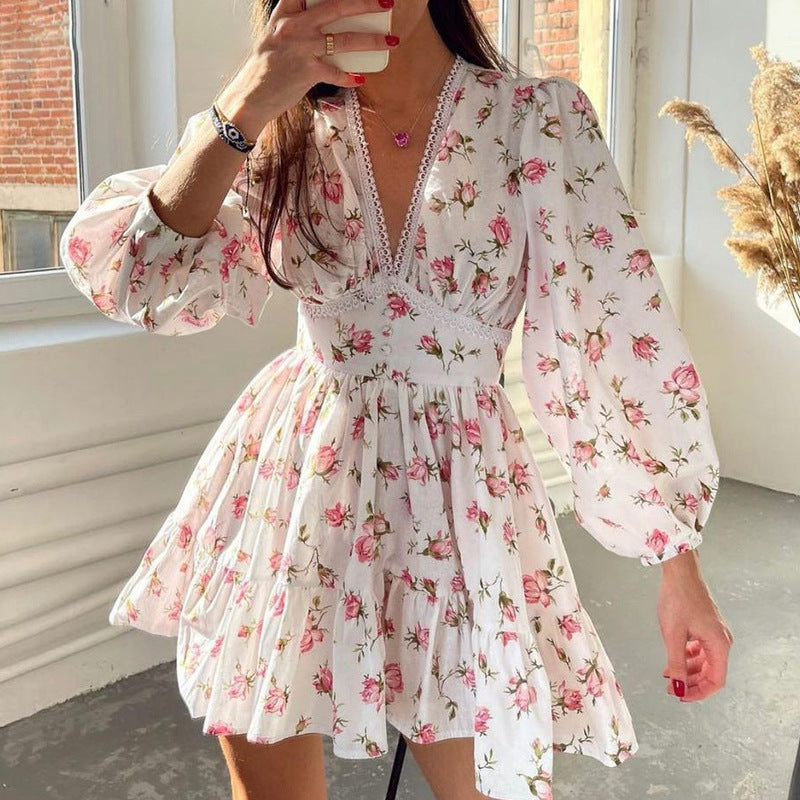 Women's Casual Tiny Flower Print V-Neck Long Sleeve Princess Dress