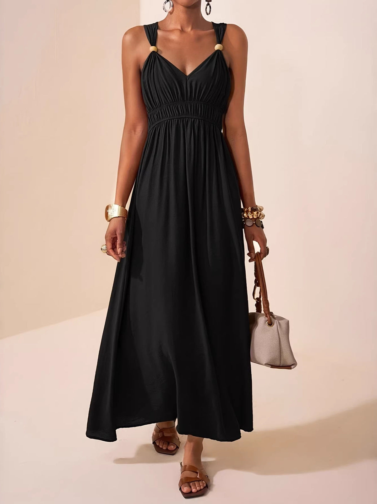 Women's and Solid Color Sleeveless Thin Deep V-Neck Large Swing A-Line Dress